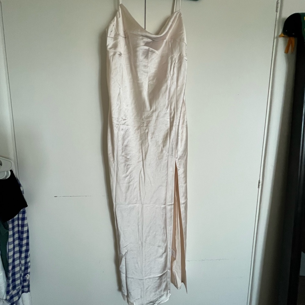 Champagne colored satin maxi dress